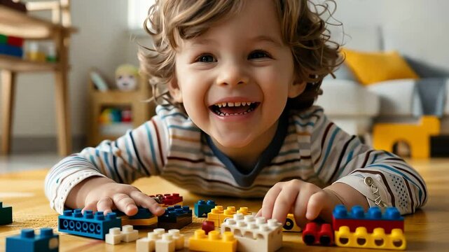 A happy little boy with curly blond hair plays with colorful blocks on the floor