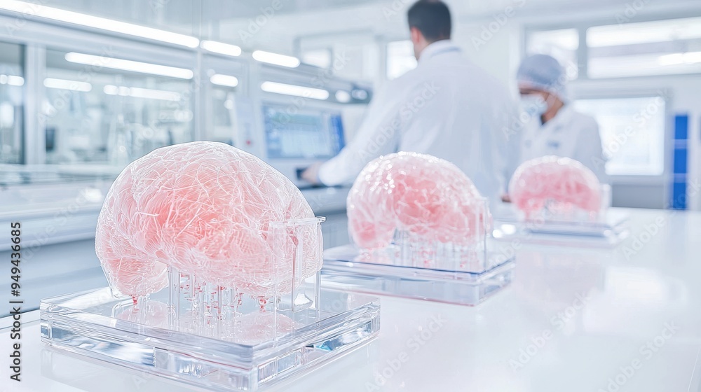 Poster human brain model in laboratory setting with scientists in the background