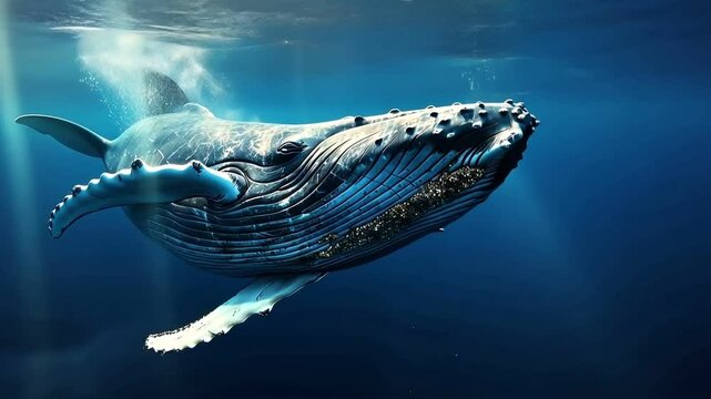 A humpback whale gracefully swims through the ocean, sunlight filtering through the water above.
