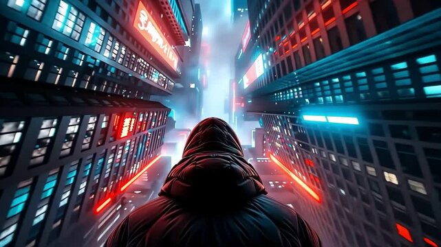 A lone hooded figure walks down a futuristic city street, illuminated by neon lights.