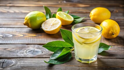 Fototapeta premium A refreshing glass of lemon juice with lemon slice and green leaves on wooden surface