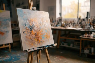 Painting on a canvas in an art studio artistic photo, with copy space