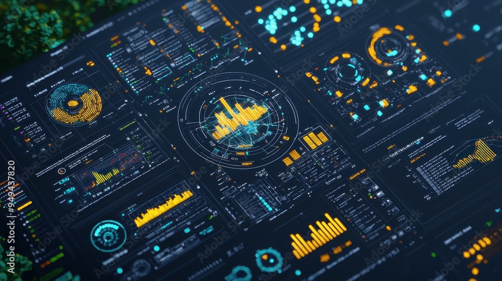 Poster futuristic digital interface with charts and data analysis