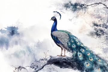 Proud peacock with fully displayed feathers, chinese ink painting, with copy space