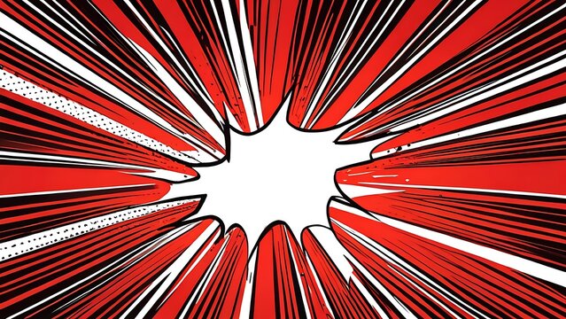 White speech bubble on red background with black outline and white rays. Suitable for social media, communication, and graphic design projects, Pop, art, Halftone, Retro, Comic, Vintage, Vibrant.