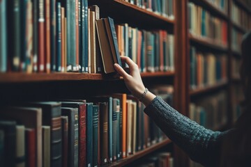 Reaching for a book on a library shelf classic portrait photography, with copy space