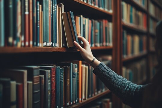 Reaching for a book on a library shelf classic portrait photography, with copy space