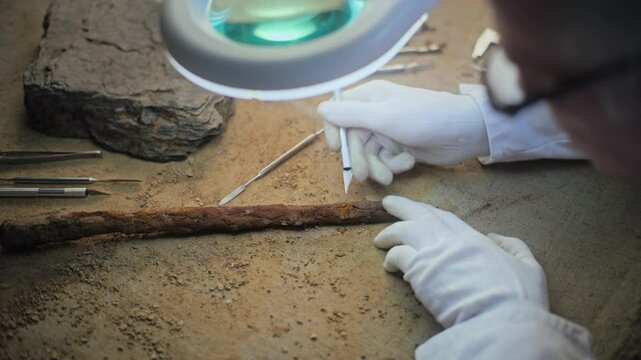 Senior archaeologist cleans fossil ancient wooden spear under lamp using professional tools. Scientist studies weapon remains of extinct civilization, works in archaeological laboratory. Close Up.