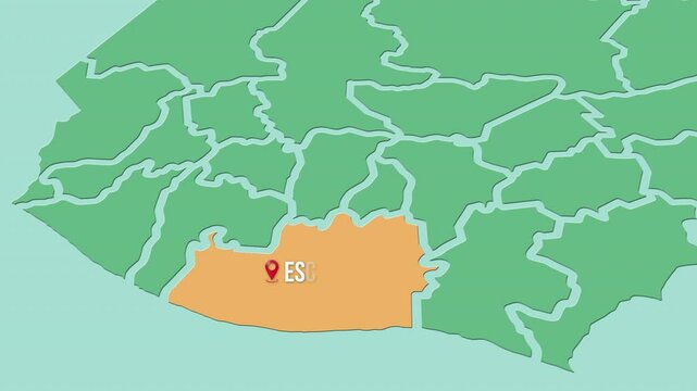 Mapa de Guatemala con divisi&oacute;n pol&iacute;tica resaltando el estado de Escuintla. 