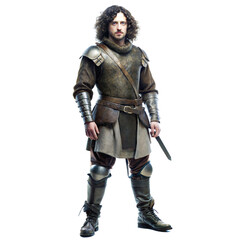 Obraz premium full body picture of 25 year old medieval soldier with brown curly hair in boots on isolated background,