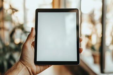 A person is holding a tablet with a blank screen