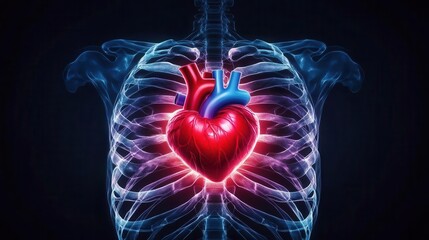 Human heart growing through the bones of a ribcage, digital surrealism, dark tones, glowing reds and blues, representing the life force