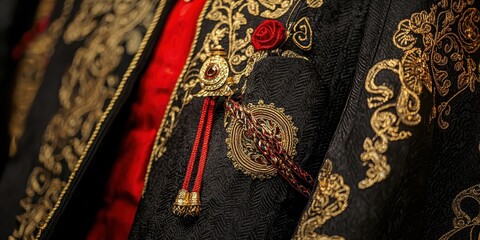 Close up of Black and Gold Embroidered Fabric with Red Rose