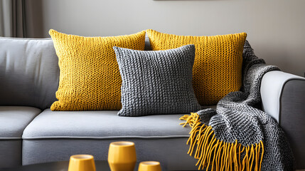 A Cozy Gray Sofa with Knitted Pillows and a Blanket in a Yellow-Walled Living Room, Creating a Warm and Inviting Atmosphere, Ideal for Representing Themes of Comfort, Home Decor, and Interior Design, 