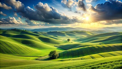 Obraz premium Rolling green hills under a sunny sky, embodying nature's beauty and tranquility