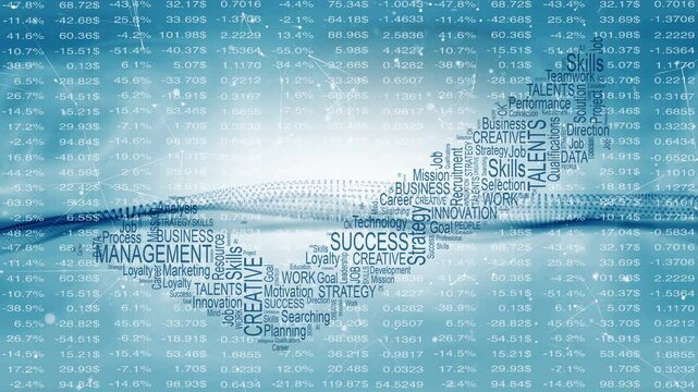 Check mark icon concept success and motivation business word cloud tags on business data background. Seamless looping.