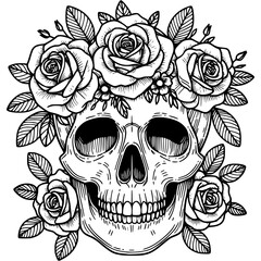 Human skull decorated with a wreath of roses in monochrome. Simple minimalistic vector in black ink drawing on transparent background