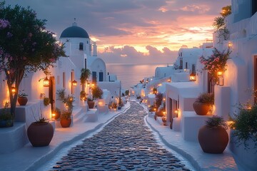 A narrow street lined with white buildings and lit up with candles © Graph Squad