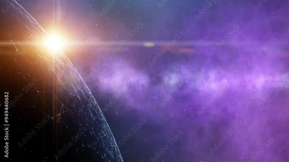 Poster flickering light universe nebula light with planet and stars animation. seamless looping.