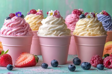 A row of pink paper cups filled with different flavored ice cream topped with fr