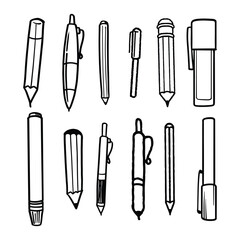 Assorted Writing Tools Line Art. Doodle drawing including pencils, pens, and a marker.