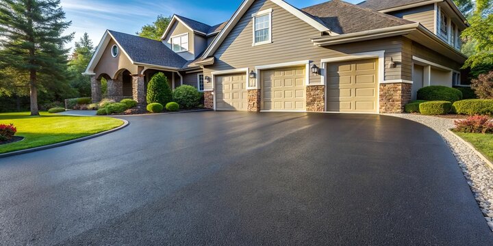 Glistening asphalt driveway with fresh sealcoat, showcasing well-maintained residential exterior