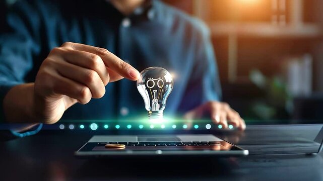 A person holds a glowing lightbulb above a smartphone, representing innovation and technology.