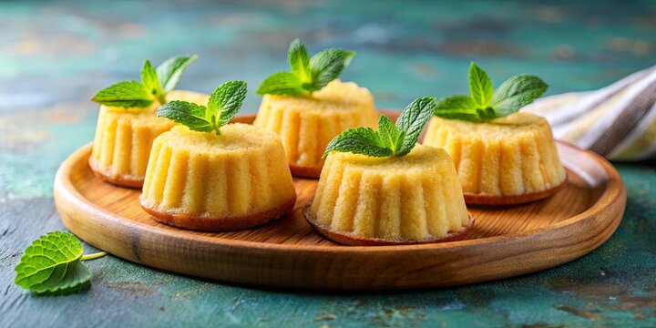 Delicious Brazilian quindim mini cakes served on a wooden plate with fresh mint leaves, tropical dessert concept