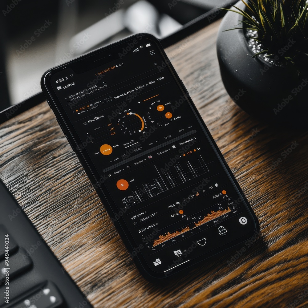 Poster smartphone display with financial data and charts