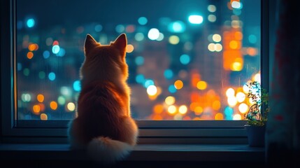a dog sitting near a window, gazing out at the cityscape with night lights illuminating skyscraper buildings.loneliness and sadness as the pet waits during the evening.