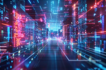 Obraz premium Futuristic Cityscape with Neon Lights and Code