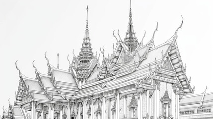 Side view line art of a traditional Thai temple, showcasing intricate architectural details and ornate decorations.