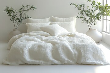 A white bed with a white comforter and white pillows