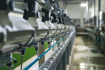 Automated feeding equipment in a goat pen with goats eating from a controlled feeder. System calibrating feed quantity, Generative AI