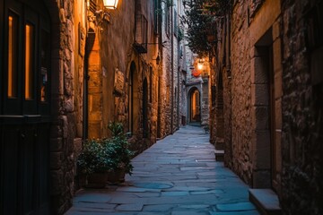 Fototapeta premium Walking through an ancient alleyway travel photography, with copy space