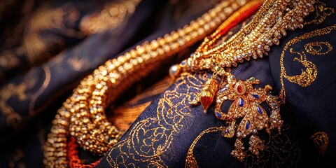 Fototapeta premium Gold Jewelry with Gems on Black Fabric