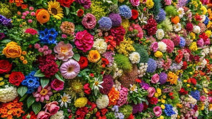 A vibrant wall covered in an assortment of colorful flowers