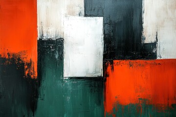 A painting with a black and white background and red and green squares