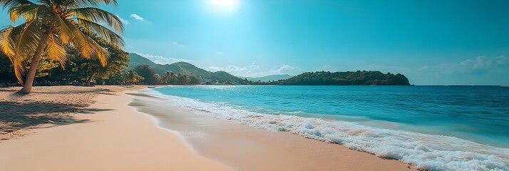 Obraz premium Picturesque Tropical Beach in Grenada with Swaying Palm Trees and Serene Ocean Waves