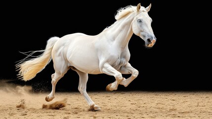 Striking image of a white horse galloping in the dark, front and rear legs spread out for a powerful and majestic sight.