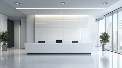A reception desk and a white office hallway