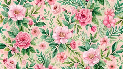 Fototapeta premium Pink floral wallpaper with green leaves and pink flowers perfect for adding a touch of elegance to any space