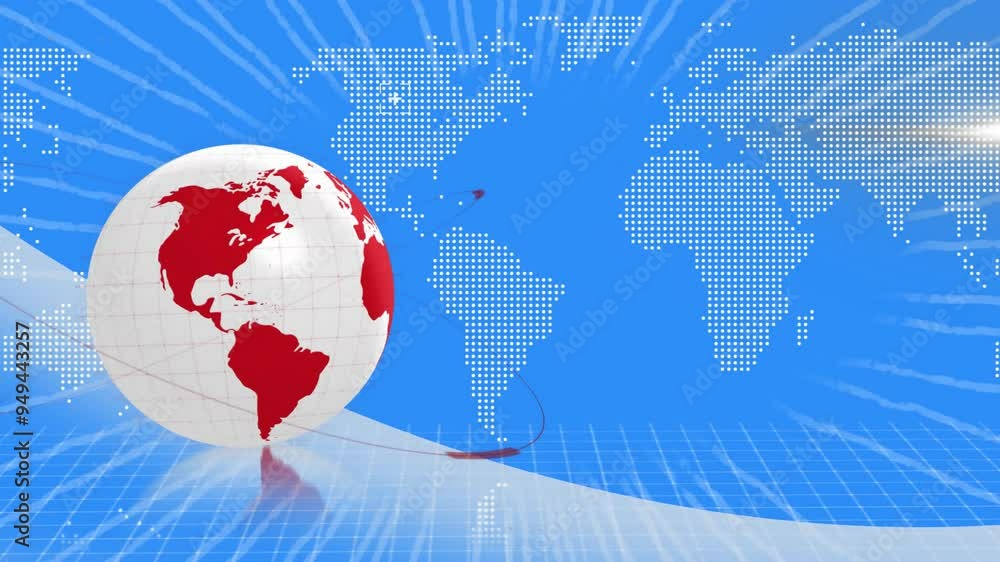 Poster rotating globe with red continents and world map animation on blue grid background