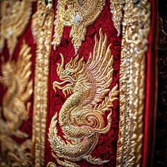 Obraz premium Golden Dragon Embroidery on Red Fabric