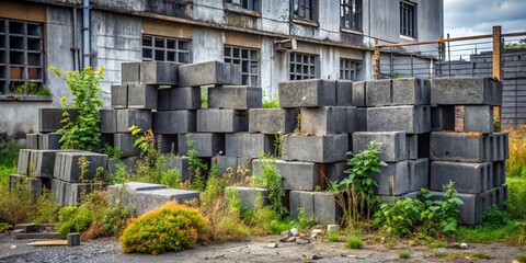 A disheveled urban scene with dark grey cinder blocks piled against a rusty metal fence, surrounded by overgrown weeds and littered with concrete fragments