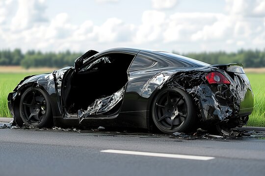 A black car with a smashed door and a black liquid on the ground