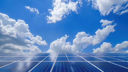 Solar panels under blue sky with white clouds.