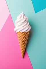 A delicious ice cream cone with a swirl of soft serve on a colorful geometric background.