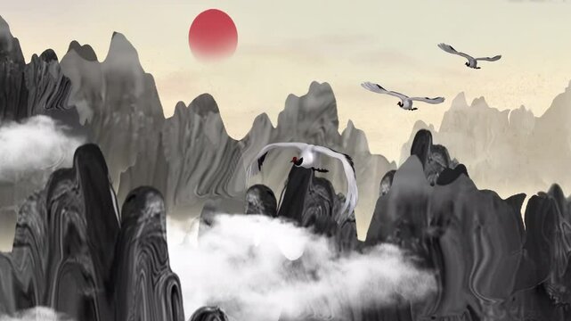 Fantasy bright ambience landscape of beautiful morning sky, mountains, flowers, lake, ancient house with simple animation in Japanese Chinese anime watercolor style.