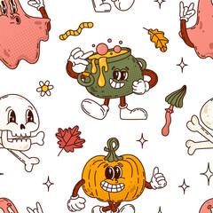 Endless seamless pattern with funny characters for Halloween celebration. Merry autumn holiday of all saints. Gift wrapping. Groovy style print. Vector illustration isolated on transparent background.